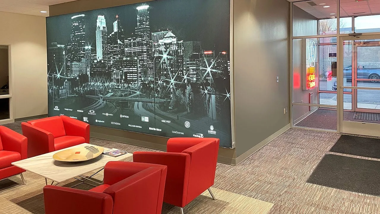 Graphic Systems lobby with a wall size Minneapolis skyline mural