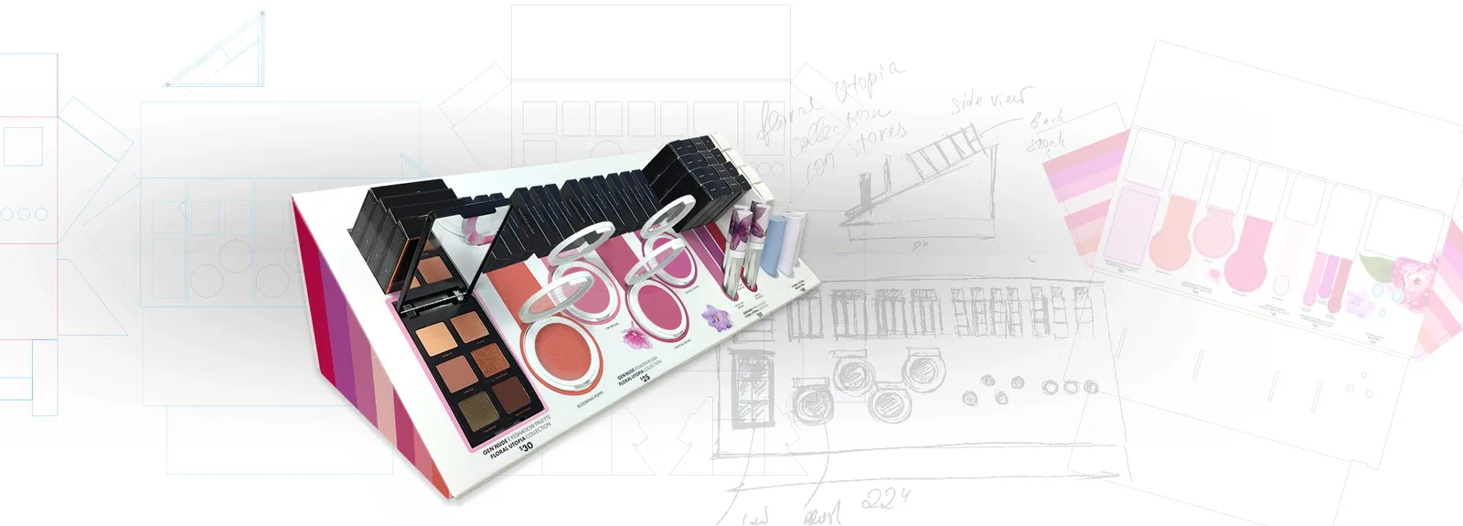 Cosmetics display concept with structural design drawings